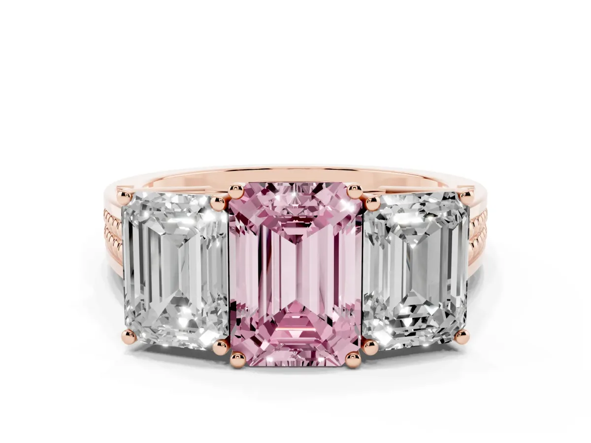 Fancy Pink Emerald Cut Diamond Three-Stone Ring with Prong Setting and Textured Band Rose gold