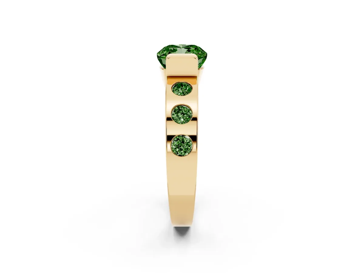 Fancy Green Cushion Cut Brilliant Channel-Set Diamond Ring with Bezel Prong Setting Yellow gold