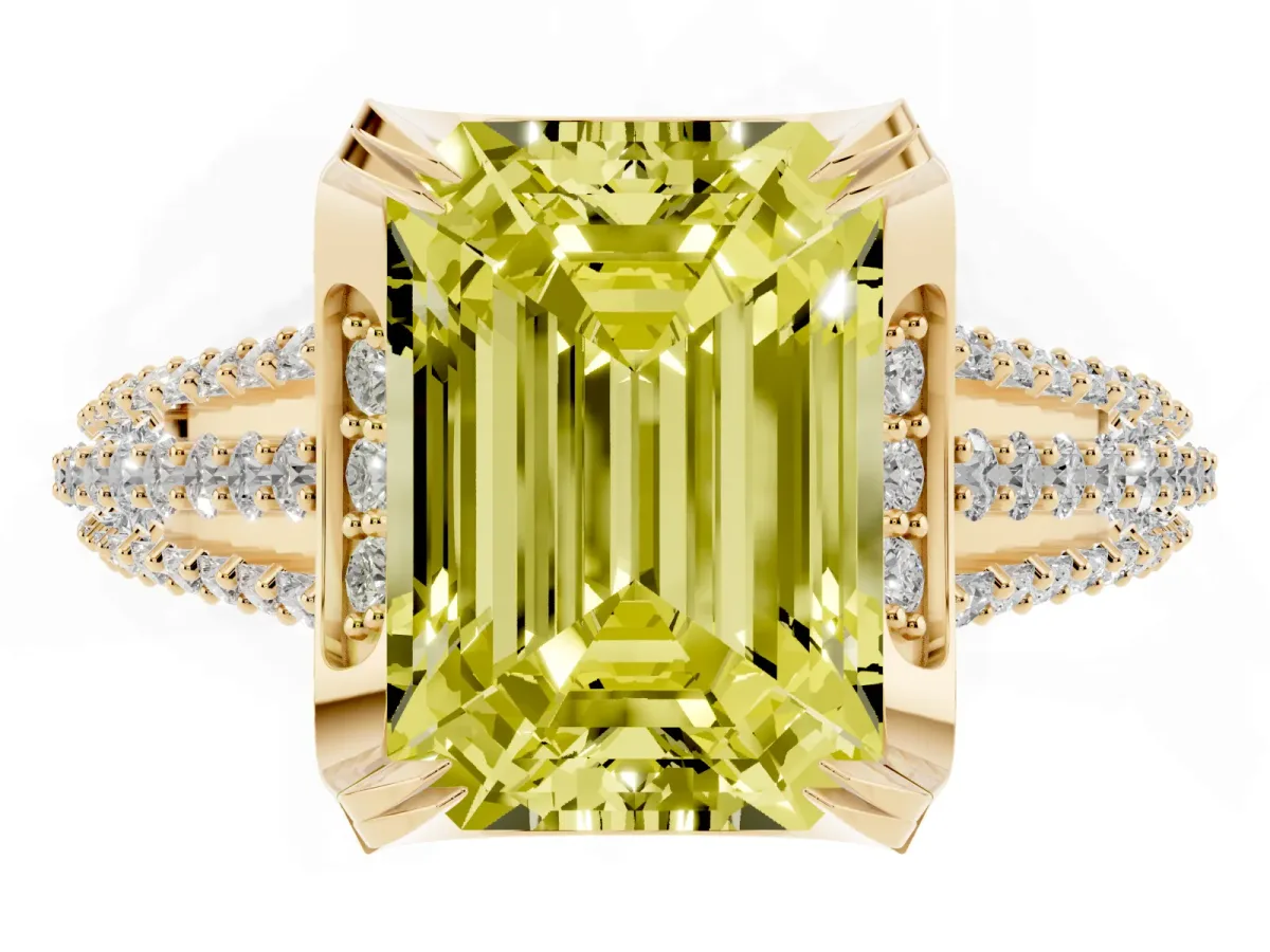 Fancy Yellow Emerald Cut Solitaire Pave Split Shank Ring with Four-Prong Setting Yellow gold