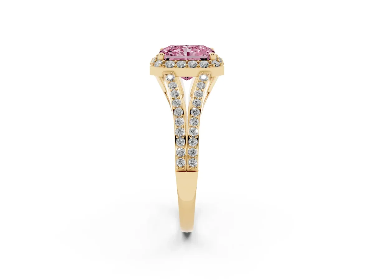 Fancy Pink Radiant Cut Halo Split Shank Pave Diamond Ring with Four-Prong Setting Yellow gold