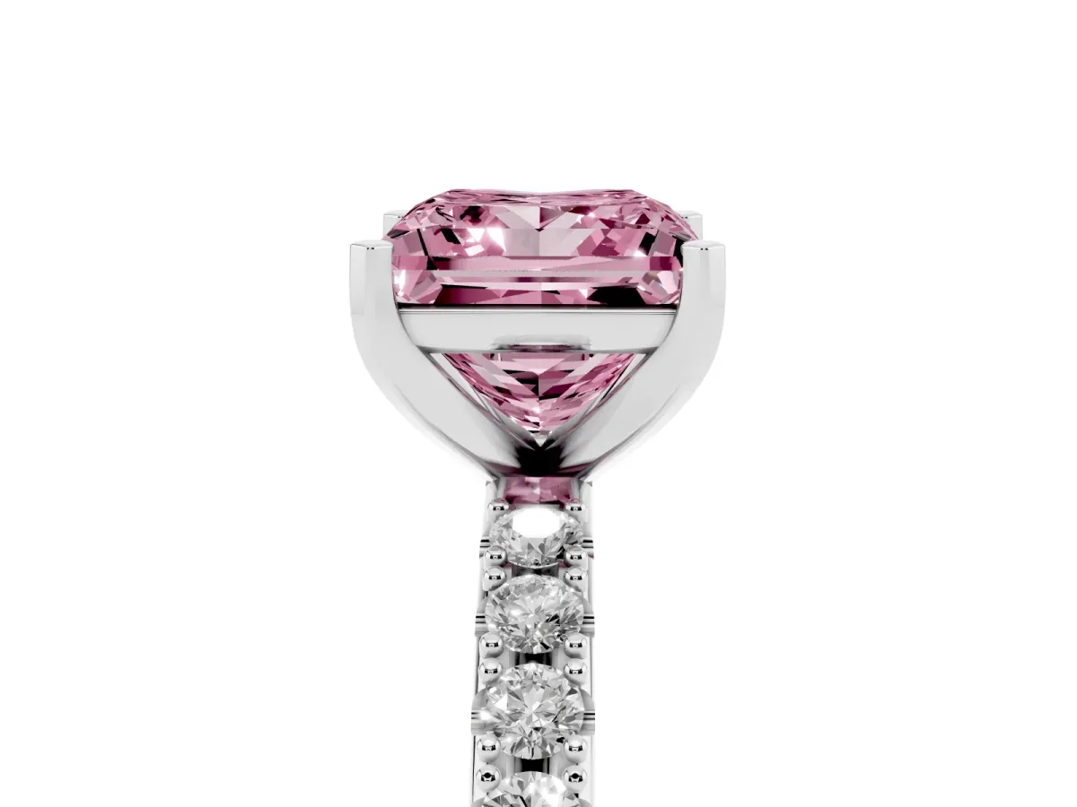 Fancy Pink Princess Cut Diamond Solitaire Pavé Band with Four-Prong Setting Silver
