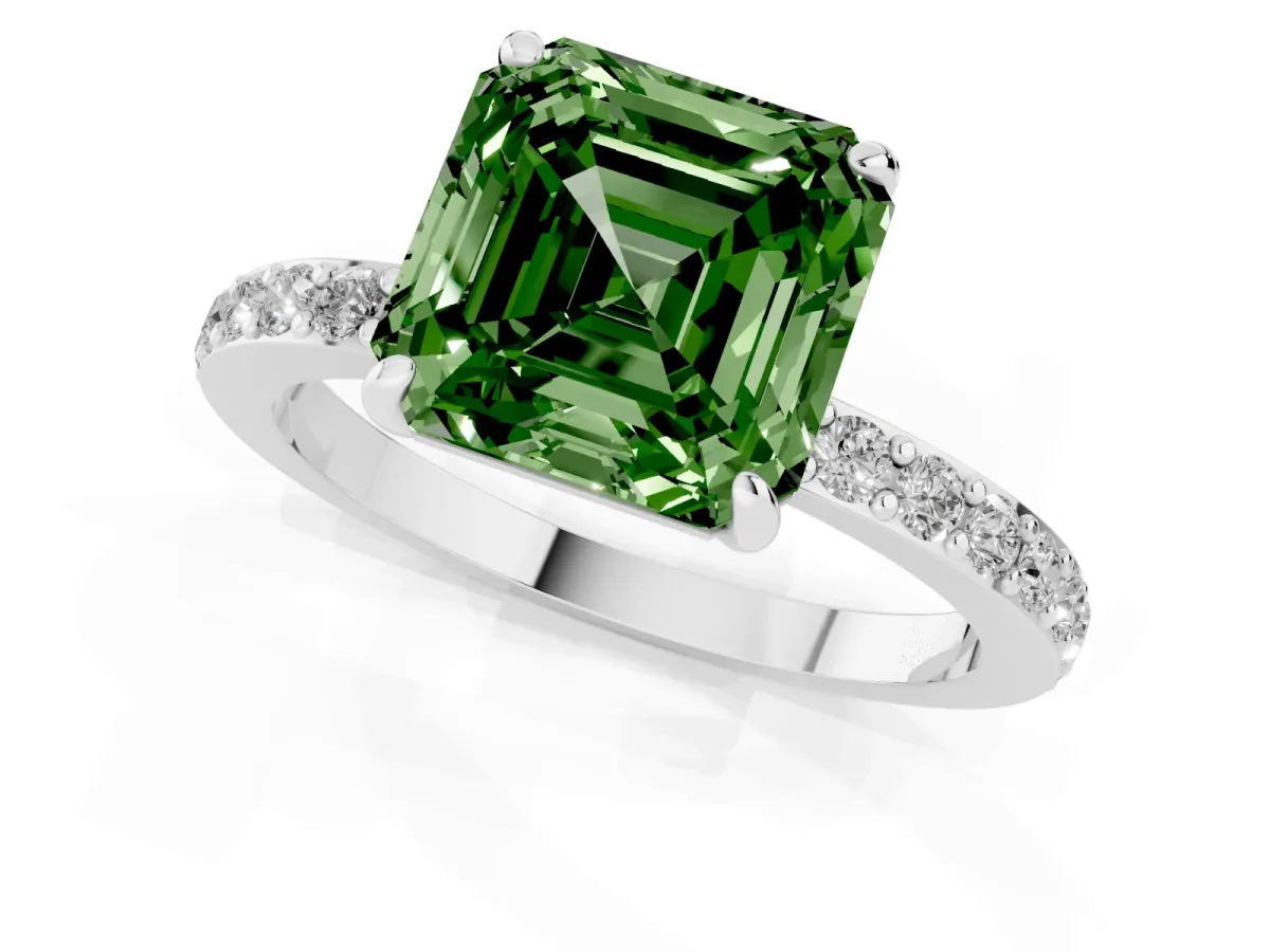 Fancy Green Asscher Cut Diamond Solitaire Engagement Ring with Pavé Band and Four-Prong Setting White gold