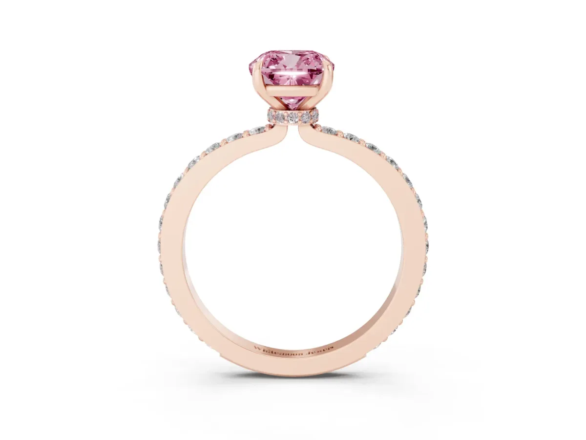 Fancy Pink Cushion Cut Diamond Pavé Engagement Ring with Round Accents and Prong Setting Rose gold
