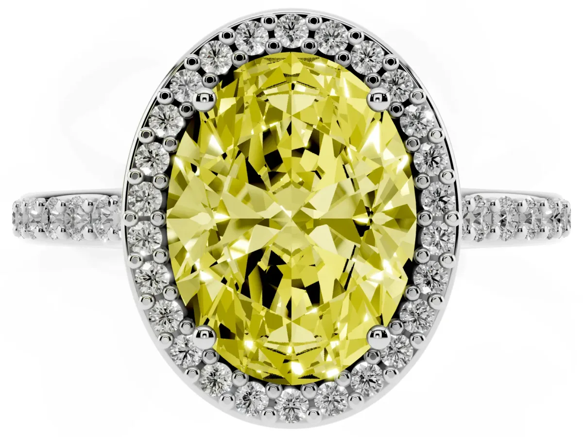 Fancy Yellow Oval Cut Diamond Halo Engagement Ring with Round Pavé Shoulders and Prong Setting White gold