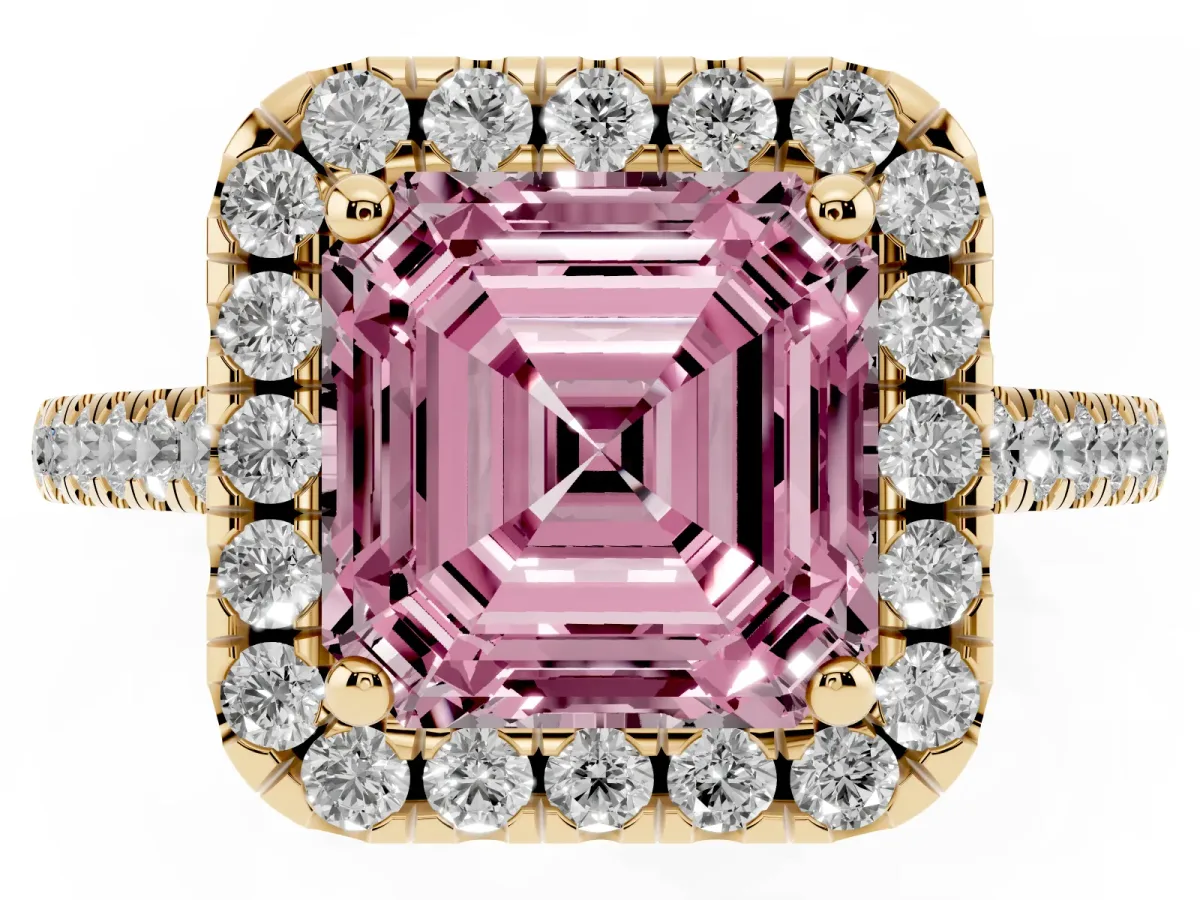 Fancy Pink Asscher Cut Halo Pavé Diamond Engagement Ring with Four-Prong Setting Yellow gold