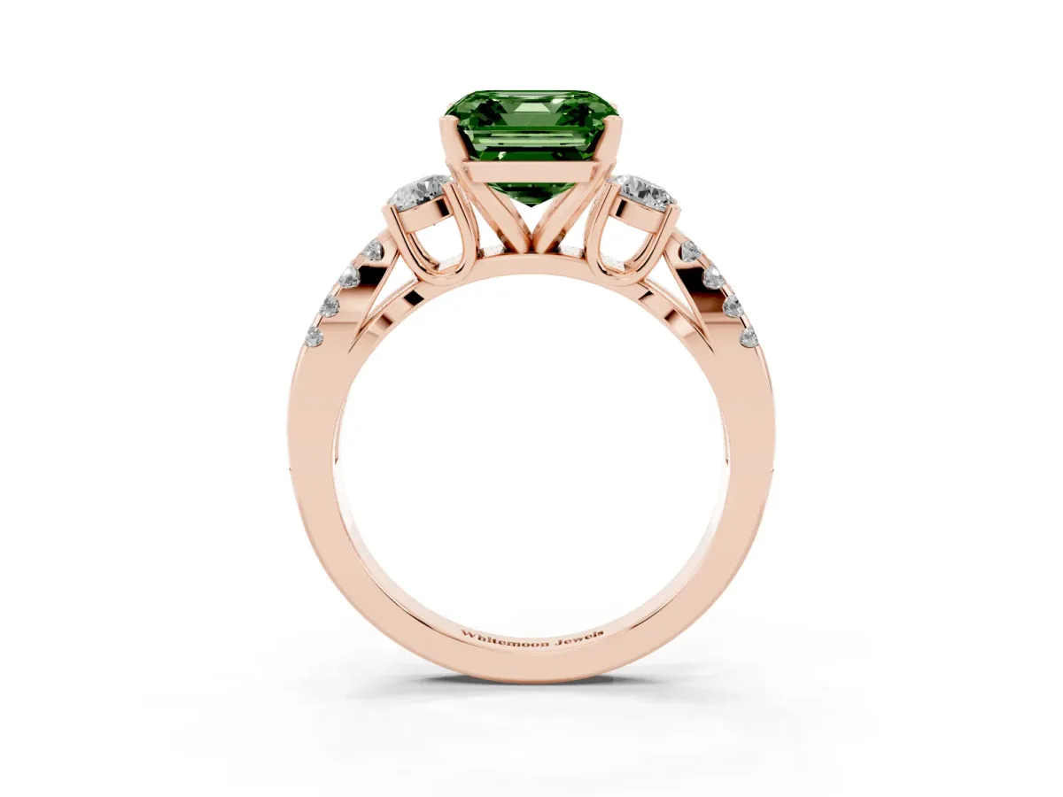 Fancy Green Asscher Cut Diamond Three-Stone Ring with Pavé Split Shank and Four-Prong Setting Rose gold