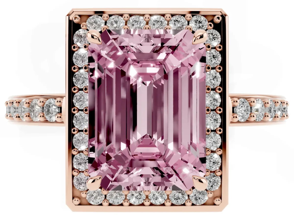 Fancy Pink Emerald Cut Halo Pave Band Solitaire Ring with Prong Setting Rose gold
