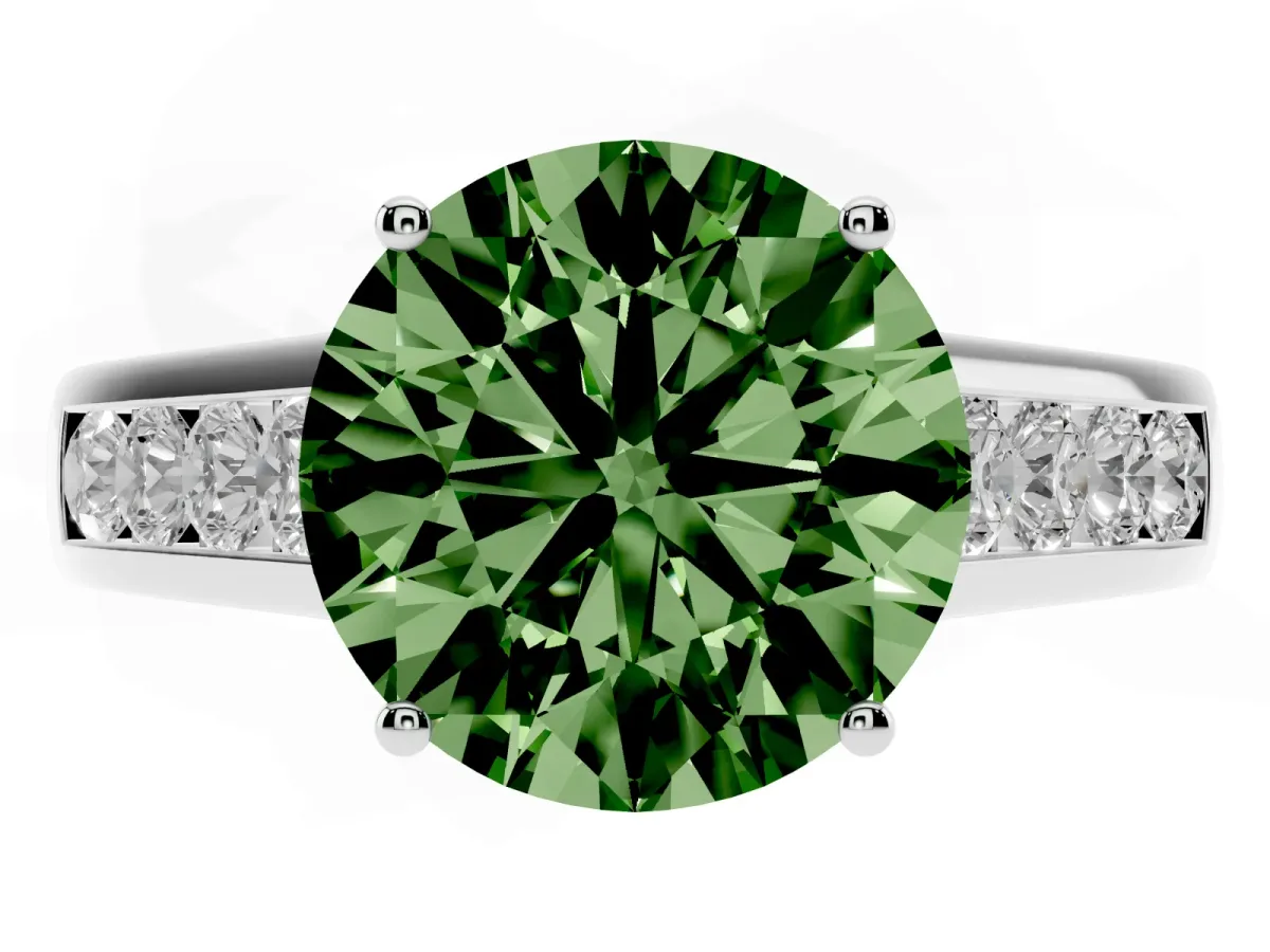 Fancy Green Round Cut Brilliant Channel-Set Solitaire Ring with Four-Prong Setting Silver