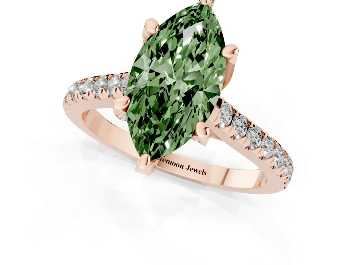 Fancy Green Marquise Cut Brilliant Diamond Solitaire with Pavé Band and Four-Prong Setting Rose gold