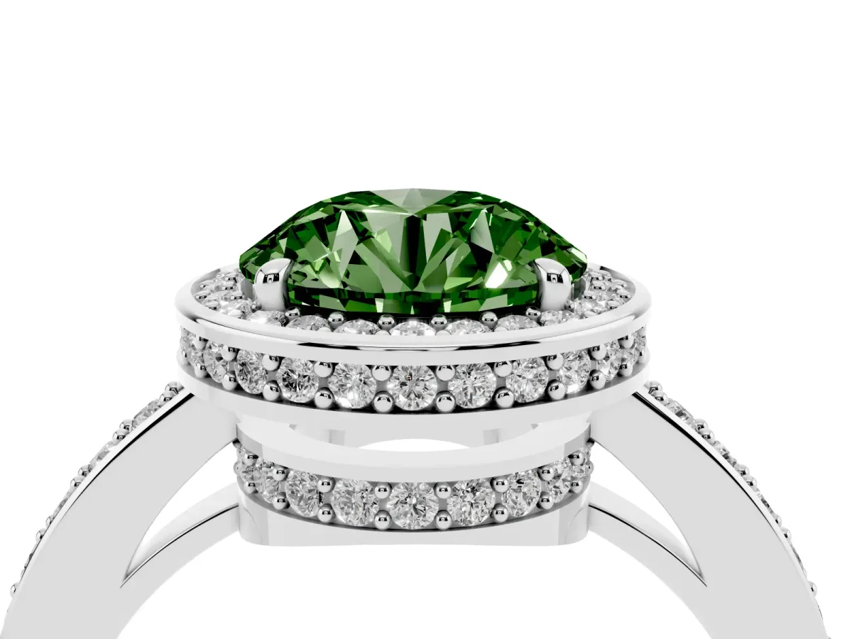 Fancy Green Round Cut Halo Pave Band Solitaire Ring with Prong Setting Silver