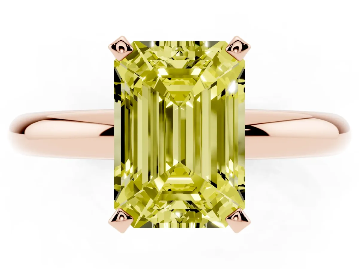 Fancy Yellow Emerald Cut Diamond Solitaire Engagement Ring with Round Band and Four-Prong Setting Rose gold