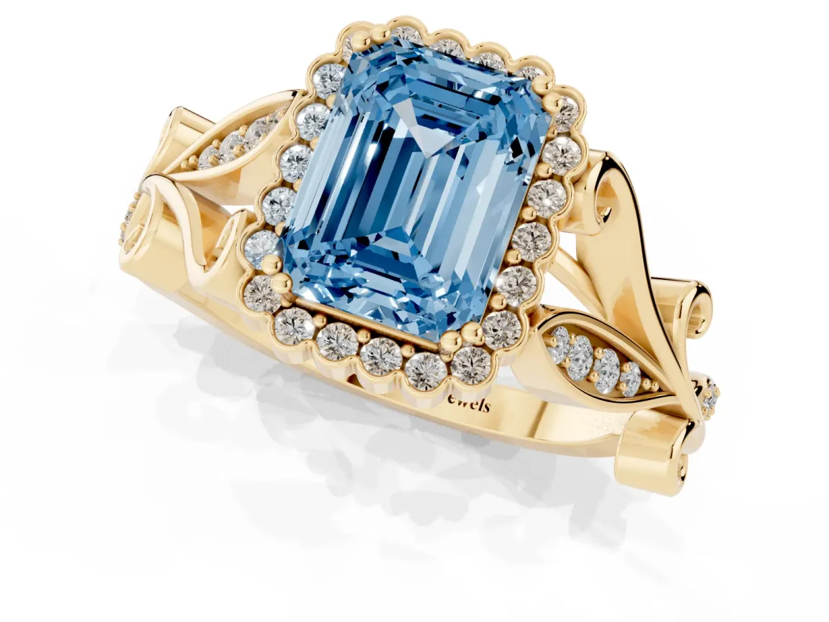 Fancy Blue Emerald Cut Diamond Halo Ring with Vintage Split Shank and Four-Prong Setting Yellow gold