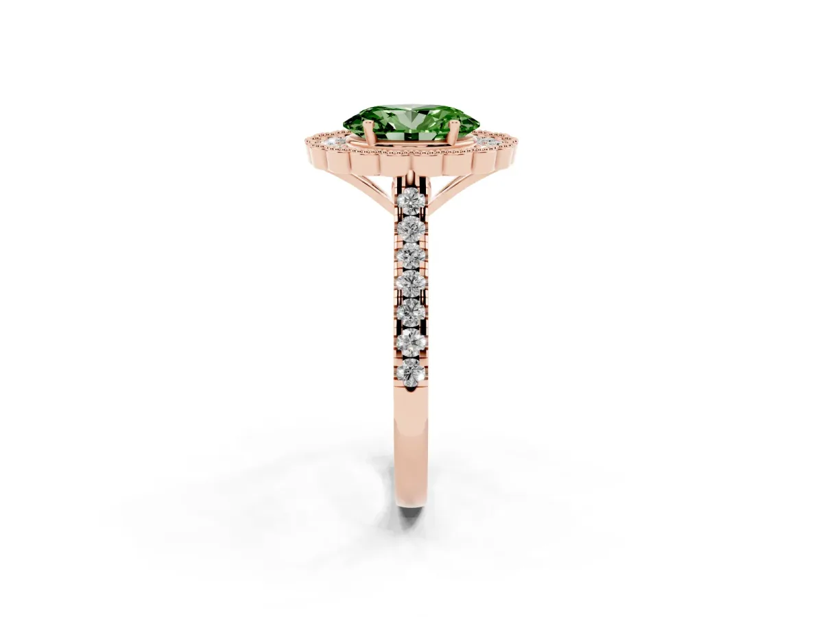 Fancy Green Oval Cut Cut Diamond Milgrain Floral Halo Engagement Ring with Pavé Band Rose gold