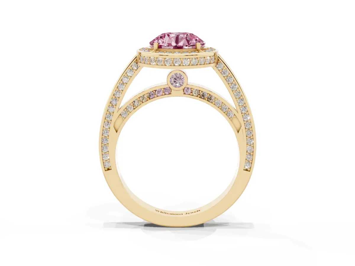Fancy Pink Round Cut Cut Halo Pave Split Shank Prong Setting Ring Yellow gold