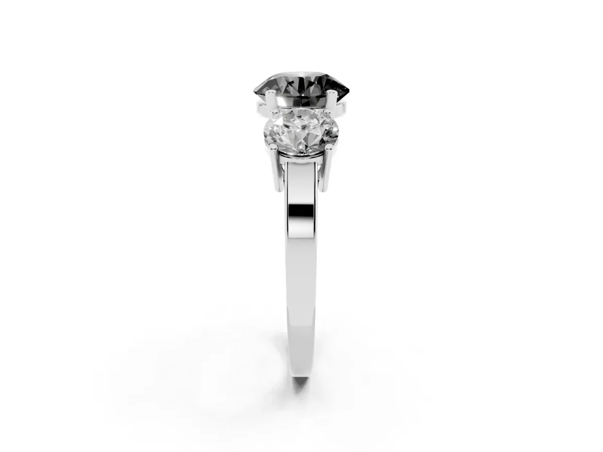 Fancy Black Three-Stone Round Cut Cut Diamond Engagement Ring with Flat Band and Four-Prong Setting Silver