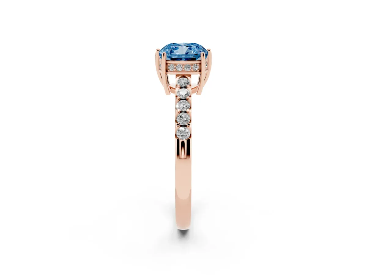 Fancy Blue Cushion Cut Solitaire Diamond Engagement Ring with Pavé Band and Six-Prong Setting Rose gold