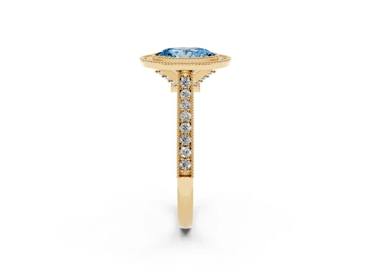 Fancy Blue Halo Oval Cut-Cut Diamond Pave Band Milgrain Prong Setting Ring Yellow gold