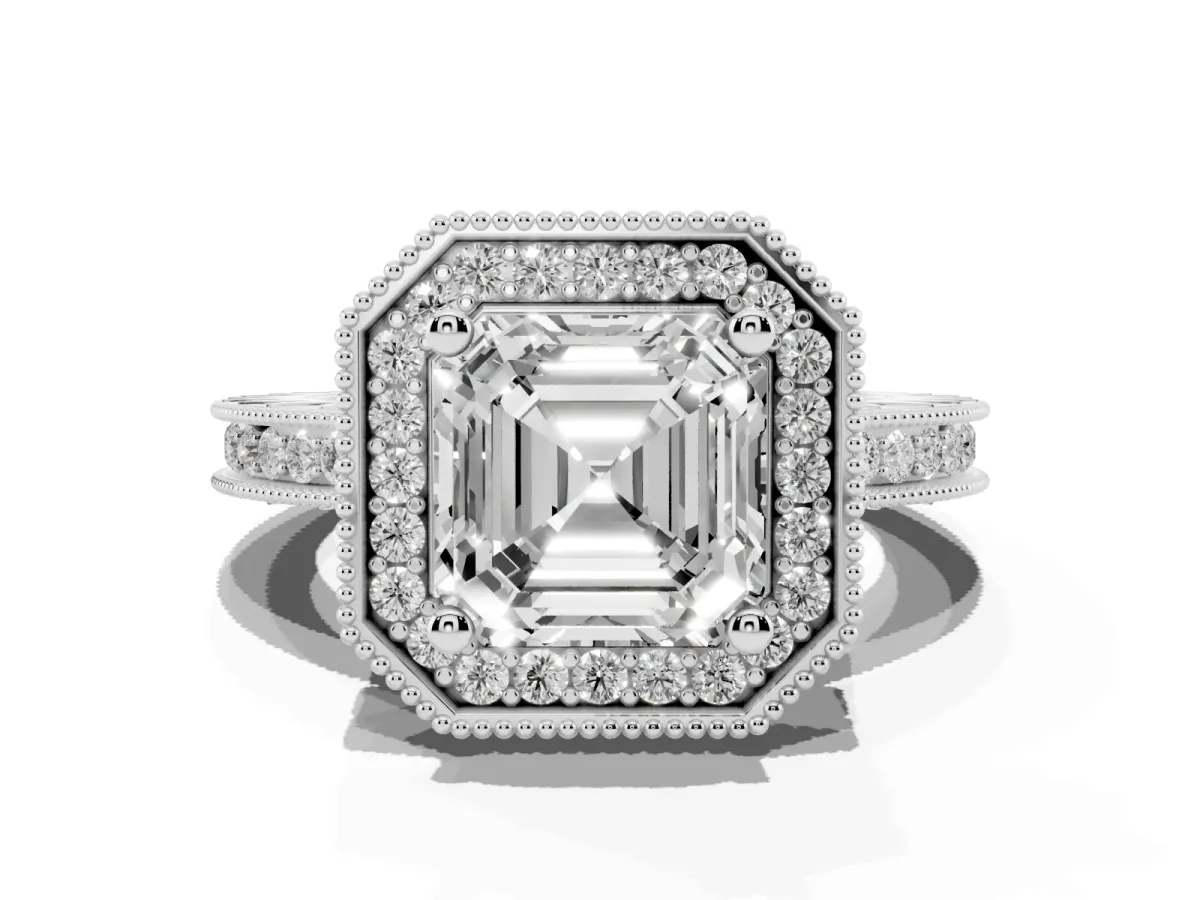 Asscher Cut Diamond Milgrain Halo Engagement Ring with Round Pavé Band and Prong Setting Platinum