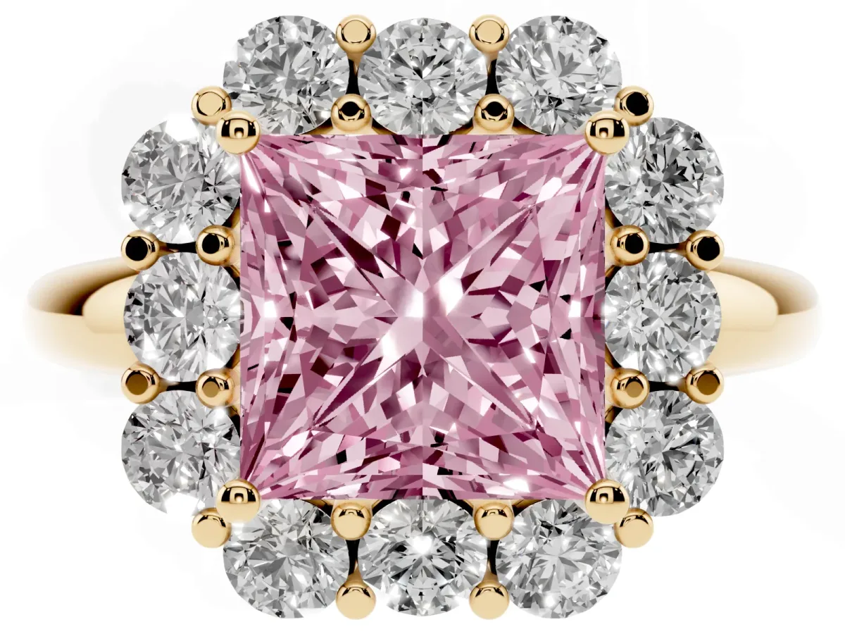 Fancy Pink Princess Cut Halo Milgrain Solitaire with Bezel Set Side Stones and Pave Band Yellow gold