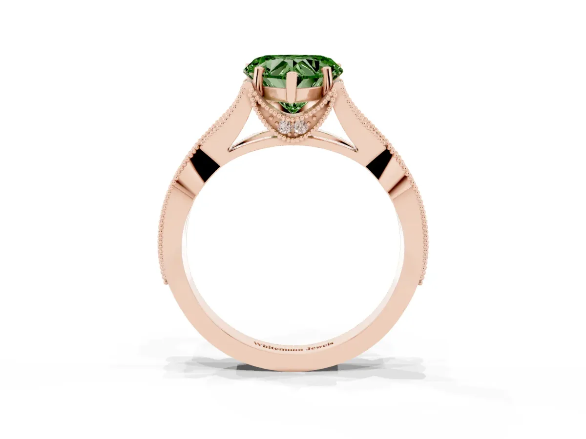 Fancy Green Heart Cut Cut Diamond Twisted Band with Milgrain Pave Setting and Four-Prong Setting Rose gold