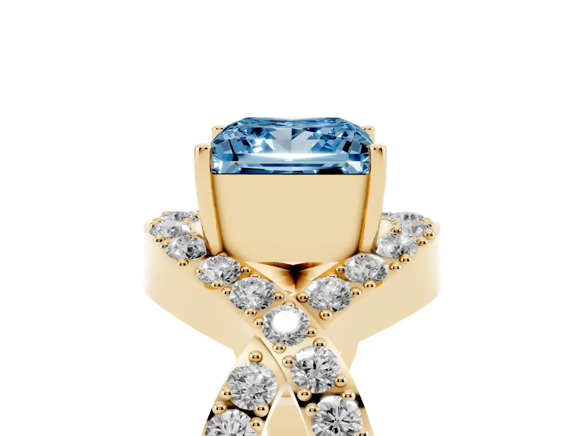 Fancy Blue Princess Cut Solitaire Twist Band Pavé Diamond Engagement Ring Yellow gold