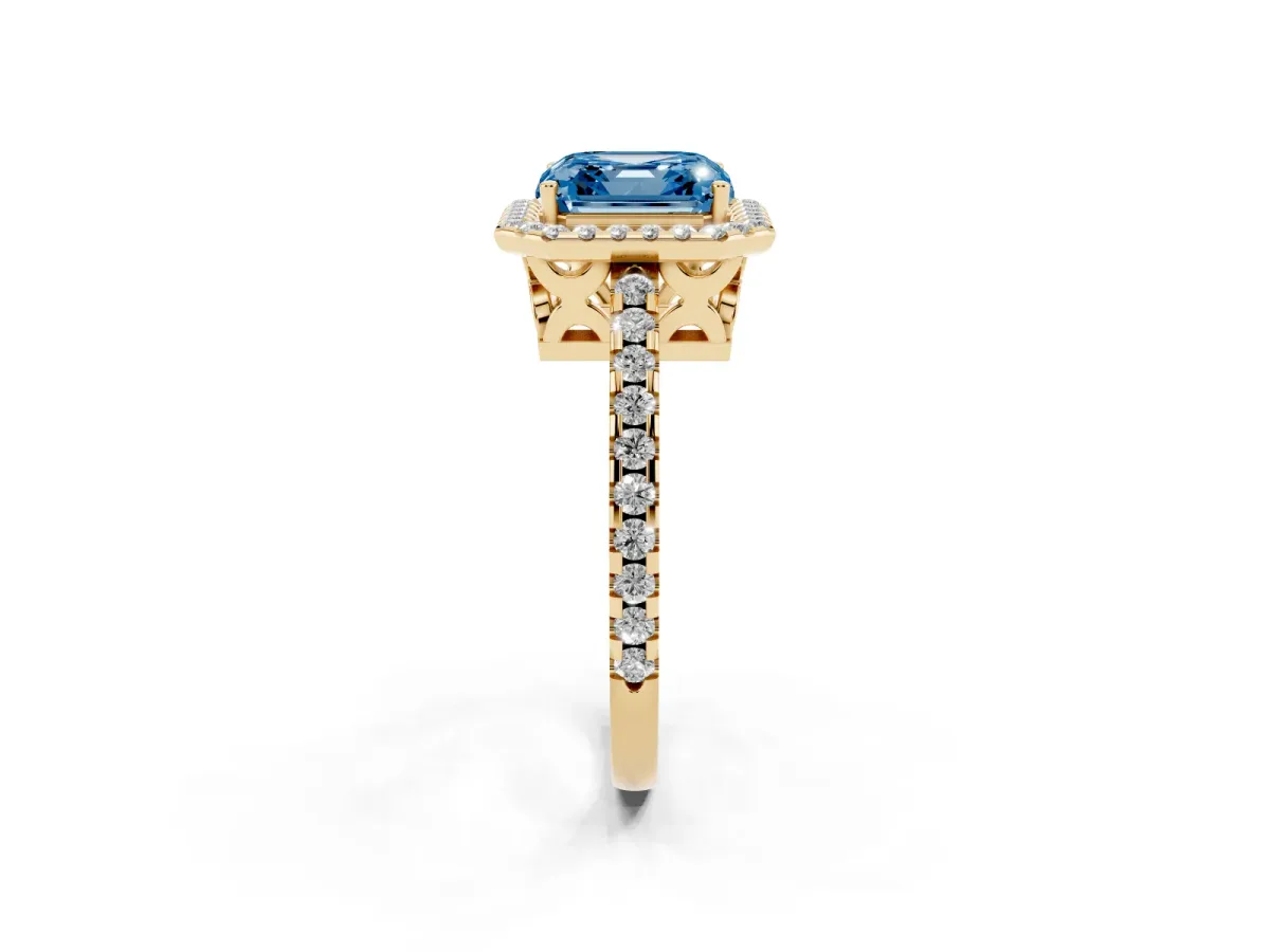 Fancy Blue Asscher Cut Diamond Halo Engagement Ring with Pavé Band and Prong Setting Yellow gold