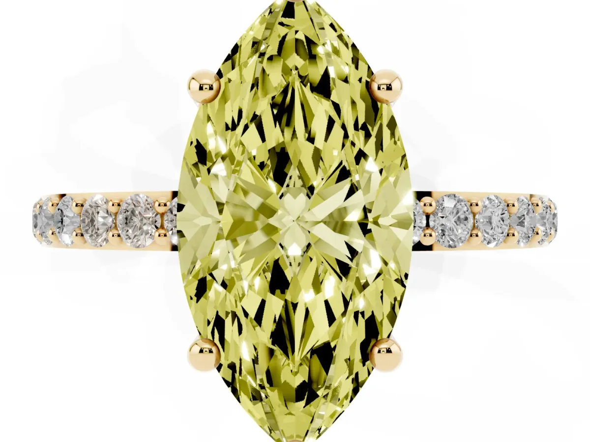 Fancy Yellow Marquise Cut Diamond Solitaire Ring with Round Pavé Band and Prong Setting Yellow gold