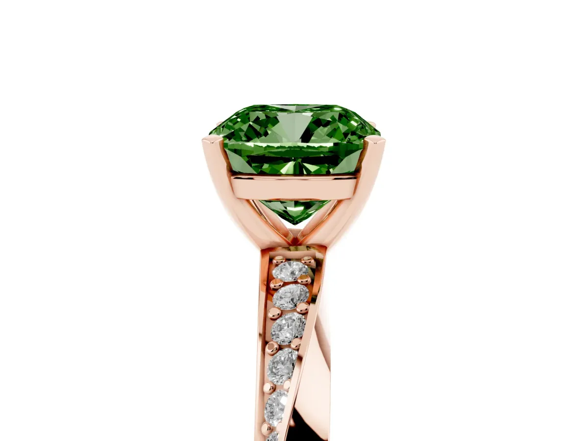 Fancy Green Cushion Cut Diamond Engagement Ring with Side Stone Accents and Four-Prong Setting Rose gold