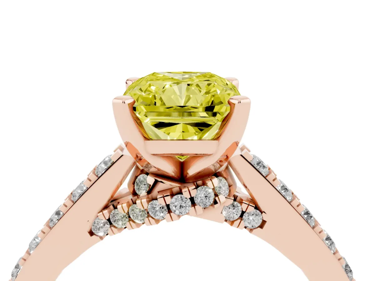 Fancy Yellow Radiant Cut Diamond Solitaire Ring with Crossover Gallery and Round Pavé Band Rose gold
