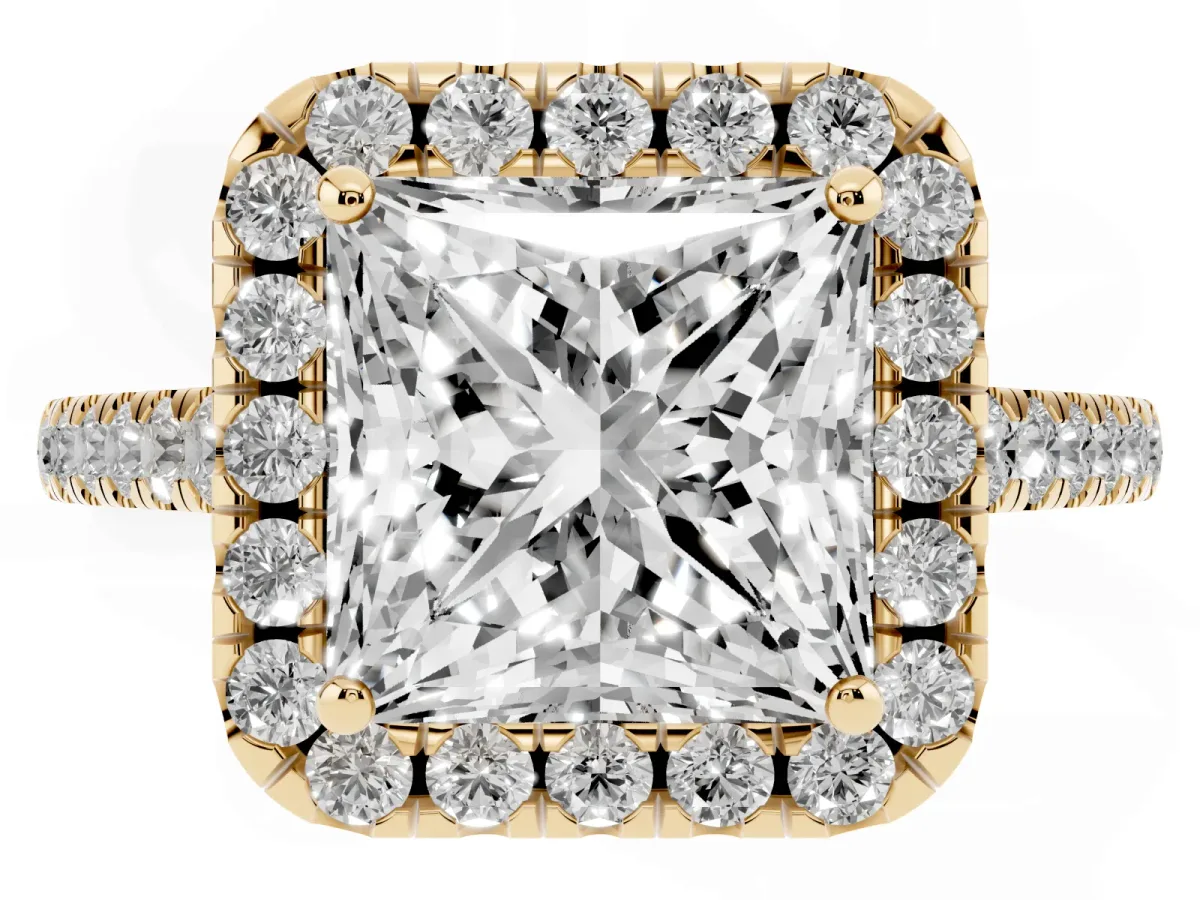 Princess Cut Halo Pave Diamond Engagement Ring with Four-Prong Setting Yellow gold