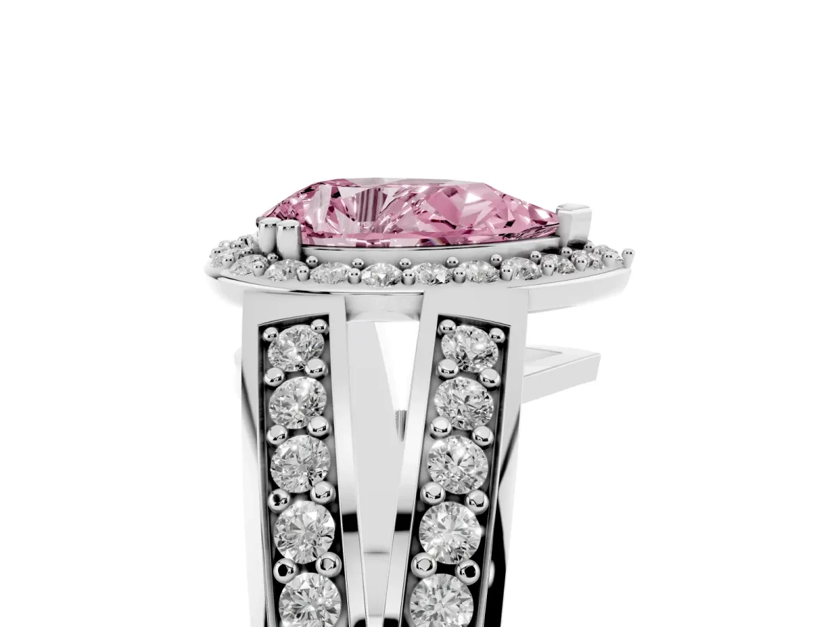 Fancy Pink Pear Cut Diamond Halo Ring with Split Shank Pavé Band and Four-Prong Setting Silver