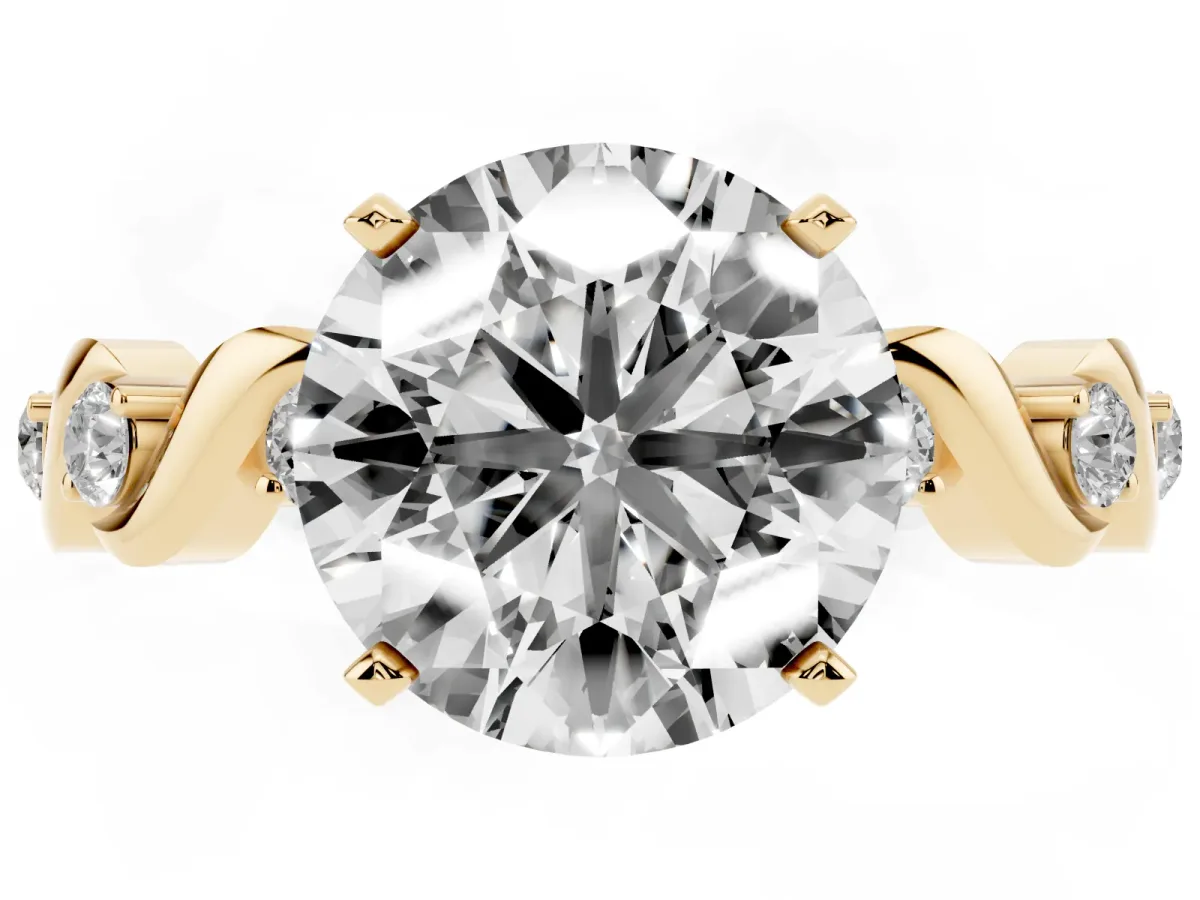 Round Cut Diamond Solitaire Twisted Band with Round Accents and Prong Setting Yellow gold