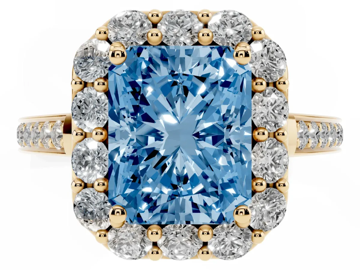 Fancy Blue Radiant Cut Diamond Floral Halo Ring with Pavé Band and Prong Setting Yellow gold