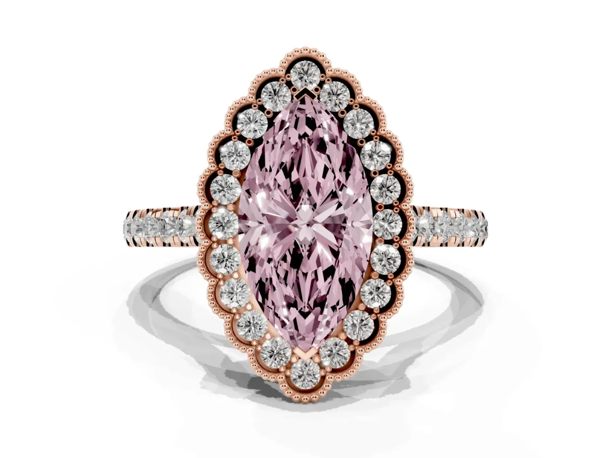 Fancy Pink Marquise Cut Cut Diamond Milgrain Floral Halo Engagement Ring with Pavé Band Rose gold