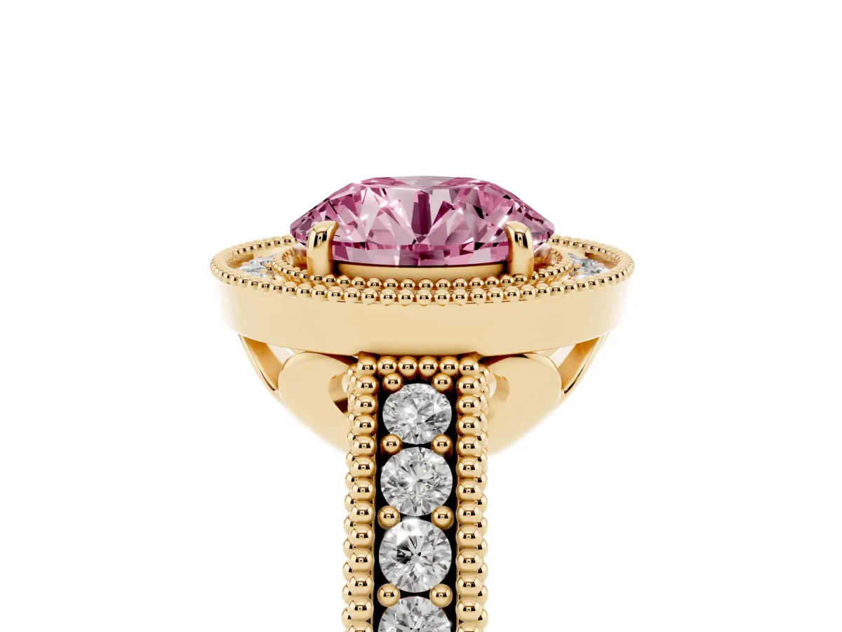 Fancy Pink Round Cut Cut Halo Diamond Ring with Pavé Band and Four-Prong Setting Yellow gold