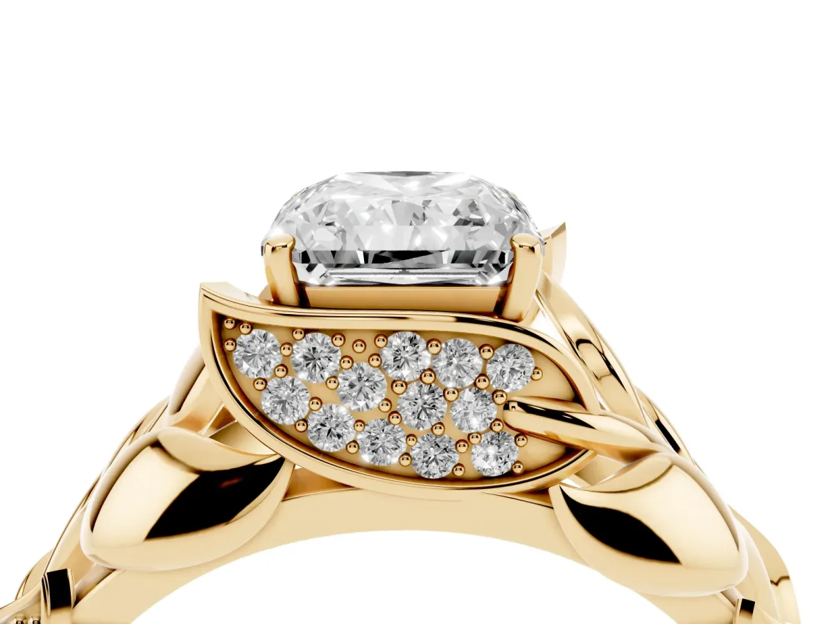 Radiant Cut Diamond Leaf-Inspired Engagement Ring with Round Accents and Prong Setting Yellow gold
