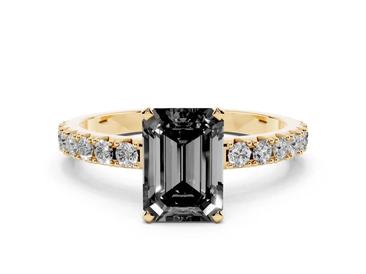 Fancy Black Emerald Cut Diamond Solitaire Pavé Band with Four-Prong Setting Yellow gold