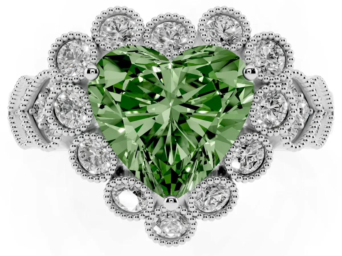 Fancy Green Heart Cut Brilliant Milgrain Pave Heart Band Solitaire Ring Platinum
