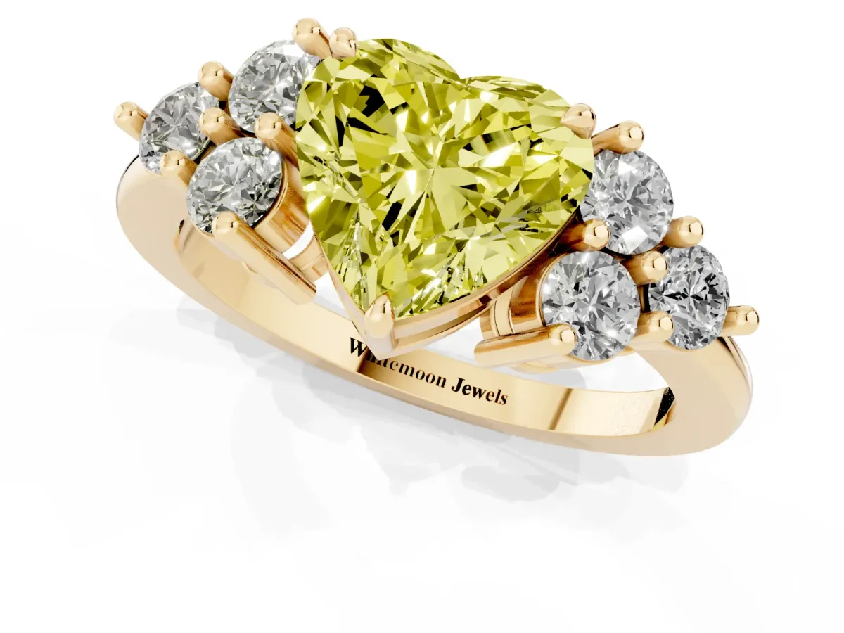 Fancy Yellow Heart Cut Brilliant Diamond Cluster Accent Solitaire Ring with Prong Setting Yellow gold