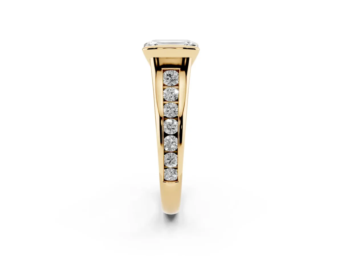 Emerald Cut Solitaire Bezel-Set Diamond Ring with Channel-Set Band Yellow gold