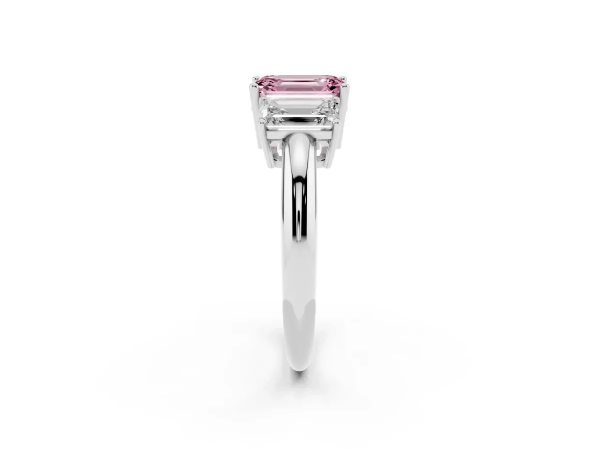 Fancy Pink Three-Stone Emerald Cut Cut Diamond Engagement Ring with Prong Setting on a White Gold Band White gold