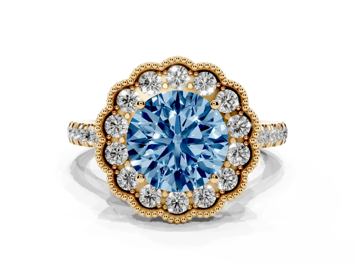 Fancy Blue Round Cut Cut Diamond Milgrain Floral Halo Engagement Ring with Pavé Band Yellow gold