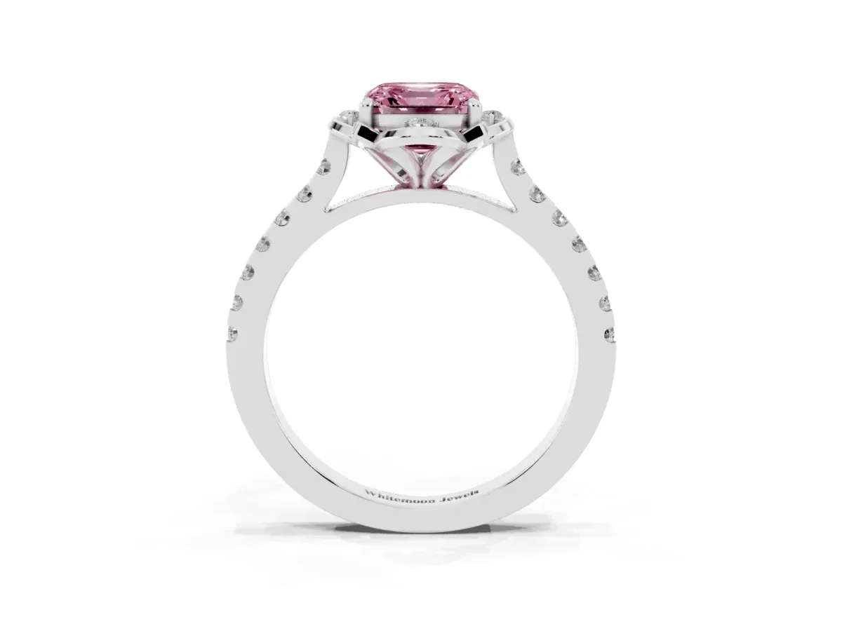 Fancy Pink Asscher Cut Diamond Ring with Pavé Band and Floral Prong Setting Silver