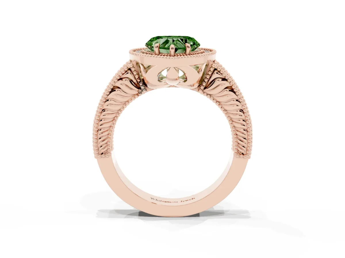 Fancy Green Heart Cut Cut Halo Diamond Ring with Pavé Band and Four-Prong Setting Rose gold