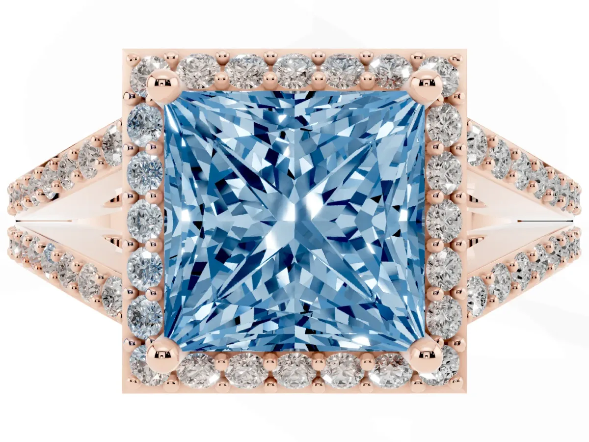 Fancy Blue Princess Cut Halo Split Shank Diamond Ring with Prong Setting Rose gold
