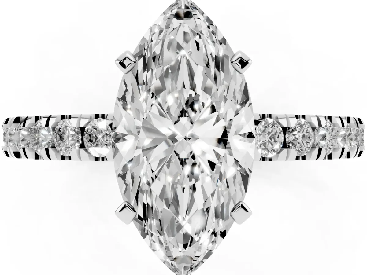 Marquise Cut Solitaire Diamond with Pavé Band and Four-Prong Setting Silver