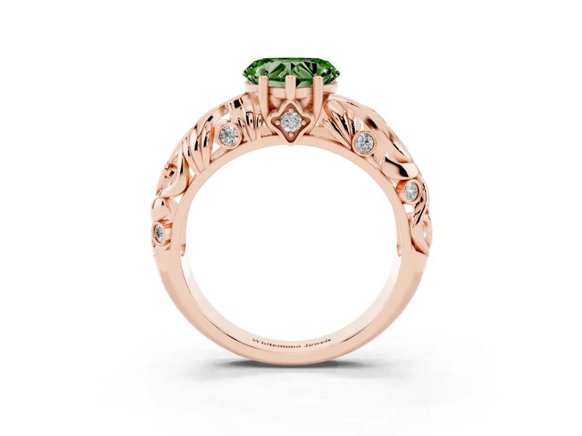 Fancy Green Heart Cut Solitaire Diamond Leaf-Inspired Vine Band Ring with Prong Setting Rose gold