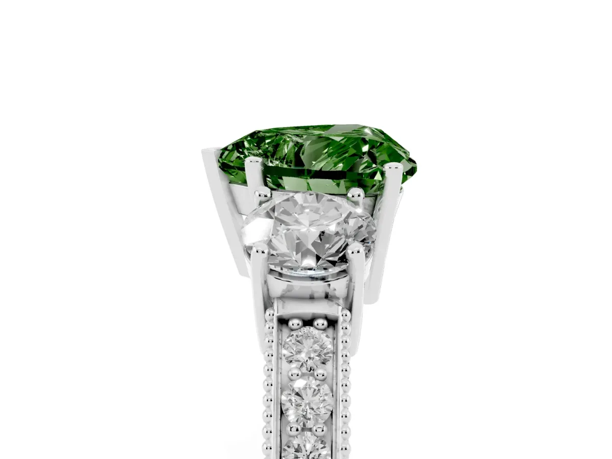 Fancy Green Heart Cut Three-Stone Diamond Ring with Pavé Band and Four-Prong Setting Silver
