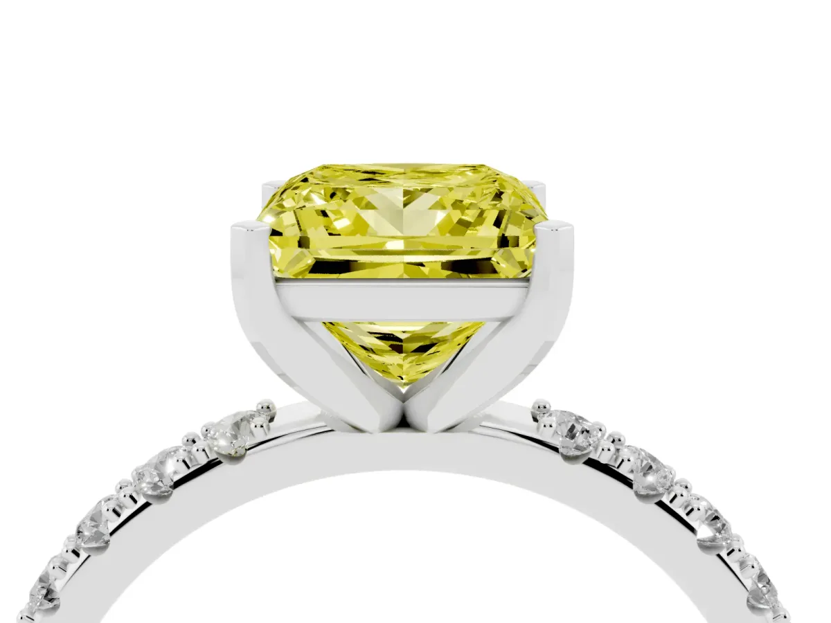 Fancy Yellow Princess Cut Diamond Solitaire Pavé Band with Four-Prong Setting Silver