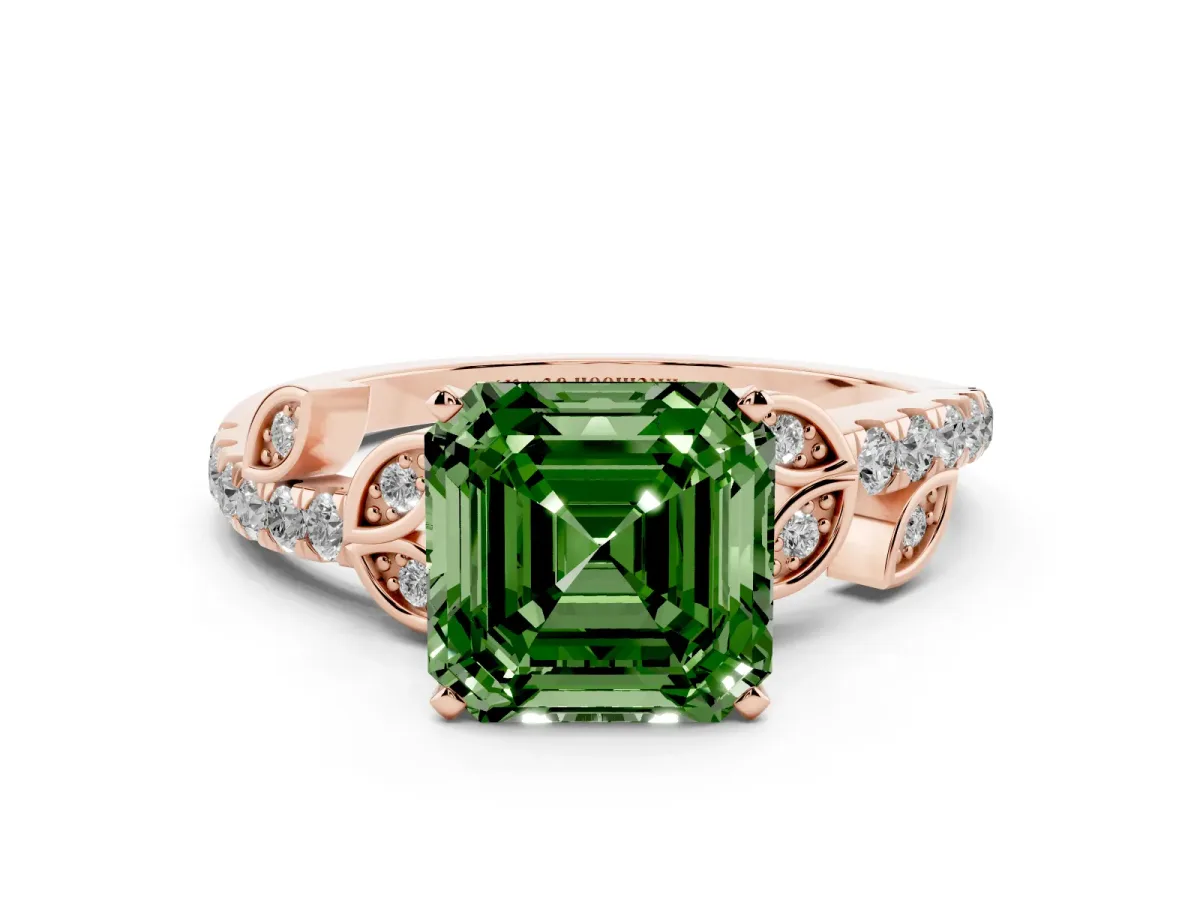 Fancy Green Asscher Cut Solitaire Leaf-Inspired Diamond Ring with Pavé Band and Four-Prong Setting Rose gold